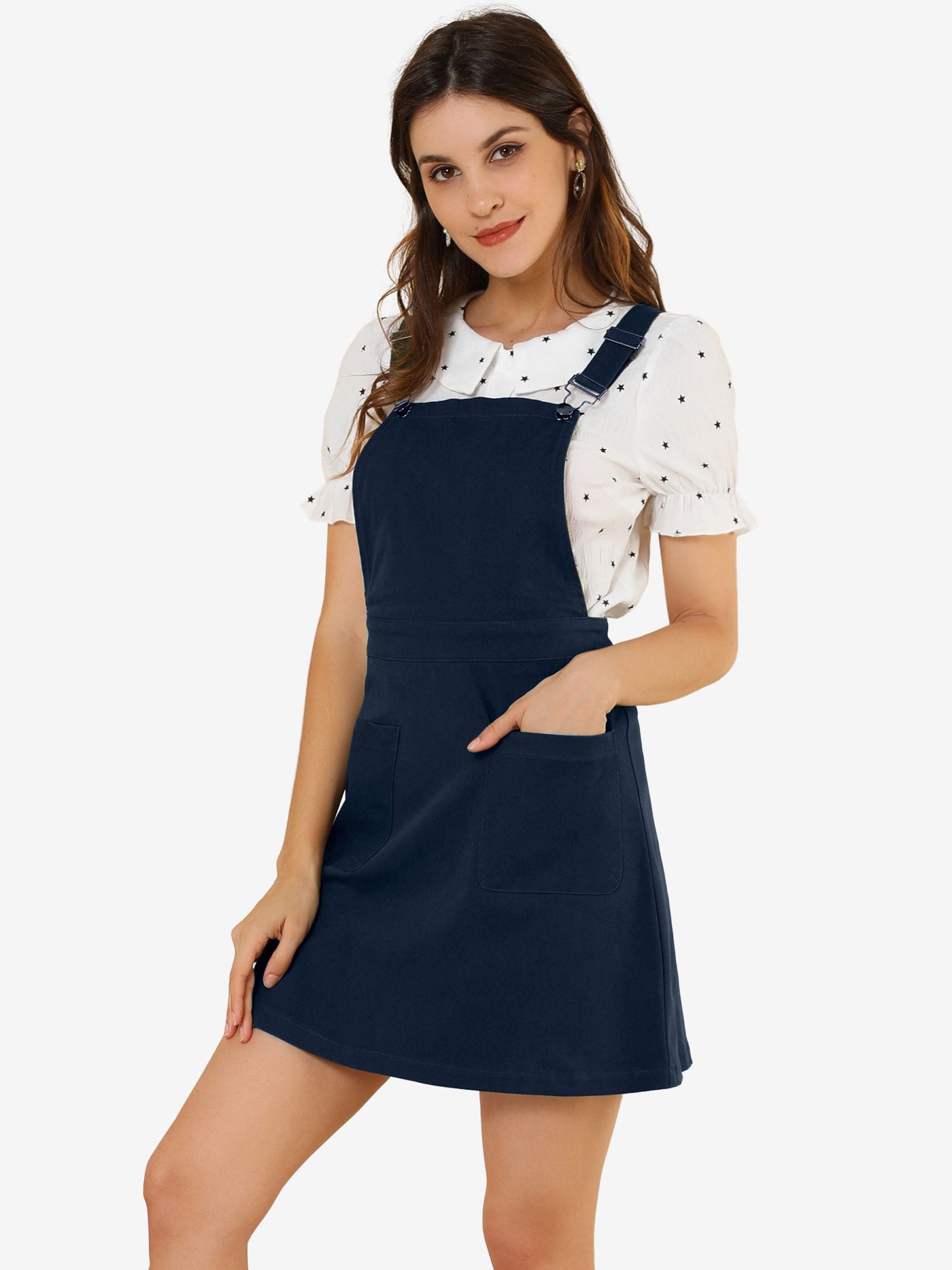 Allegra K Adjustable Strap Suspender Skirt Pocket A-Line Pinafore Overall Dress