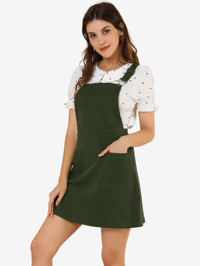 Adjustable Strap Suspender Skirt Pocket A-Line Pinafore Overall Dress