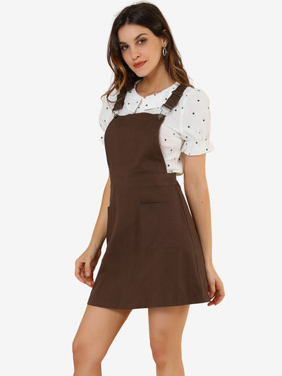 Adjustable Strap Suspender Skirt Pocket A-Line Pinafore Overall Dress