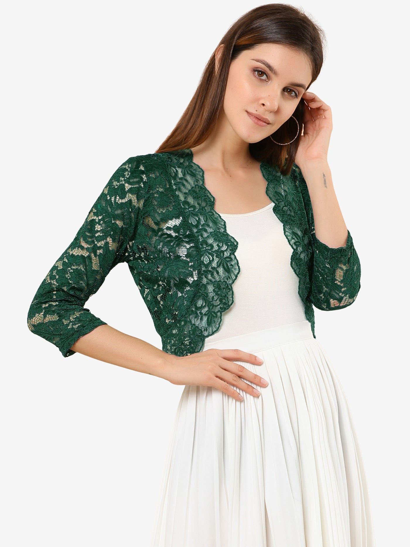 Allegra K Sheer Floral Elegant 3/4 Sleeve Lace Shrug