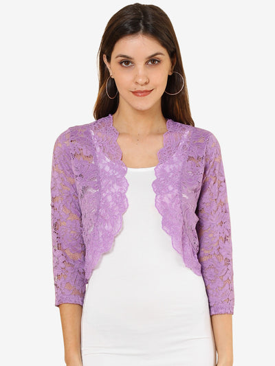 3/4 Sleeves Sheer Floral Lace Cropped Bolero Shrug