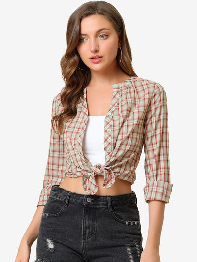 Christmas Plaid Shirt Button Up V Neck Long Sleeve Peasant Blouse