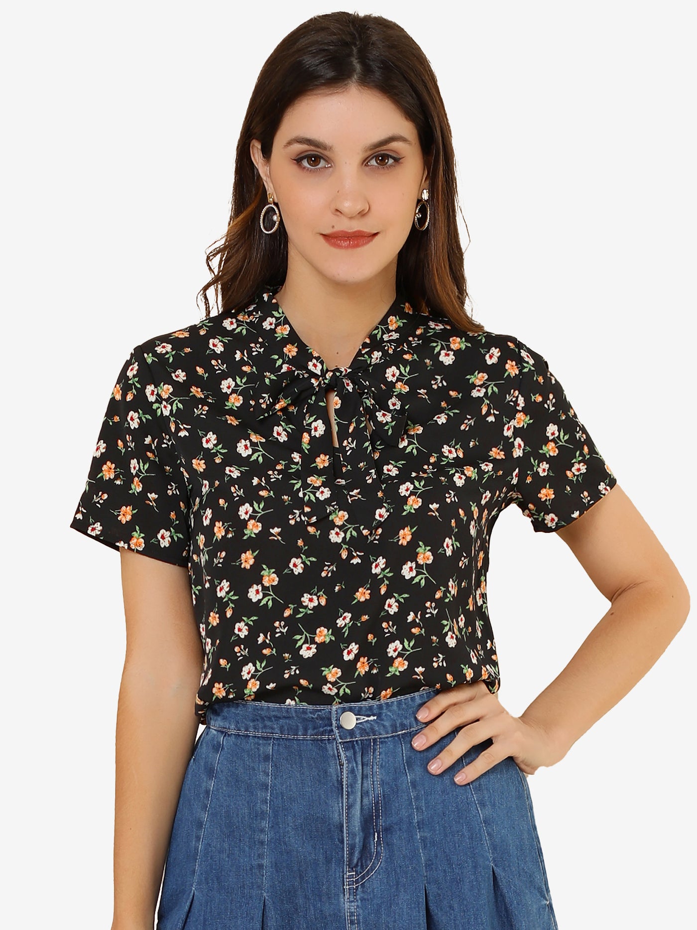 Allegra K Bow Tie Neck Short Sleeve Printed Chiffon Blouse