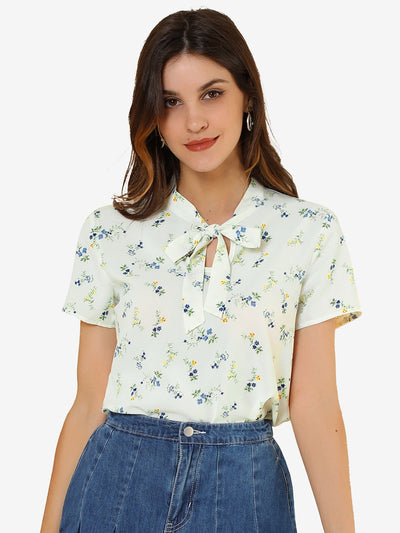 Bow Tie Neck Short Sleeve Printed Chiffon Blouse