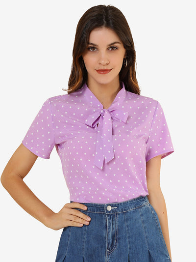 Bow Tie Neck Short Sleeve Printed Chiffon Blouse