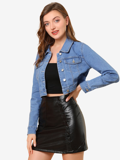 Casual Cropped Button Down Long Sleeve Basic Jean Denim Jacket