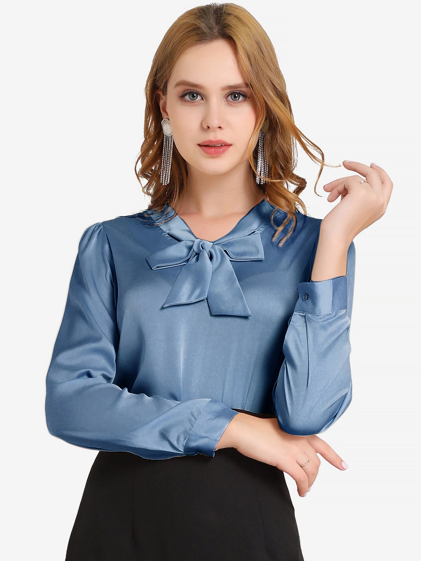 Allegra K Satin Work Office Blouse Tie Neck Business Casual Top