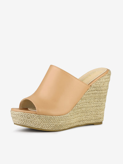 PU Leather Open Toe Espadrille Wedge Platform Mules