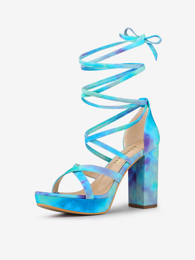 Tie Dye Platform Chunky Heel Lace Up Sandals