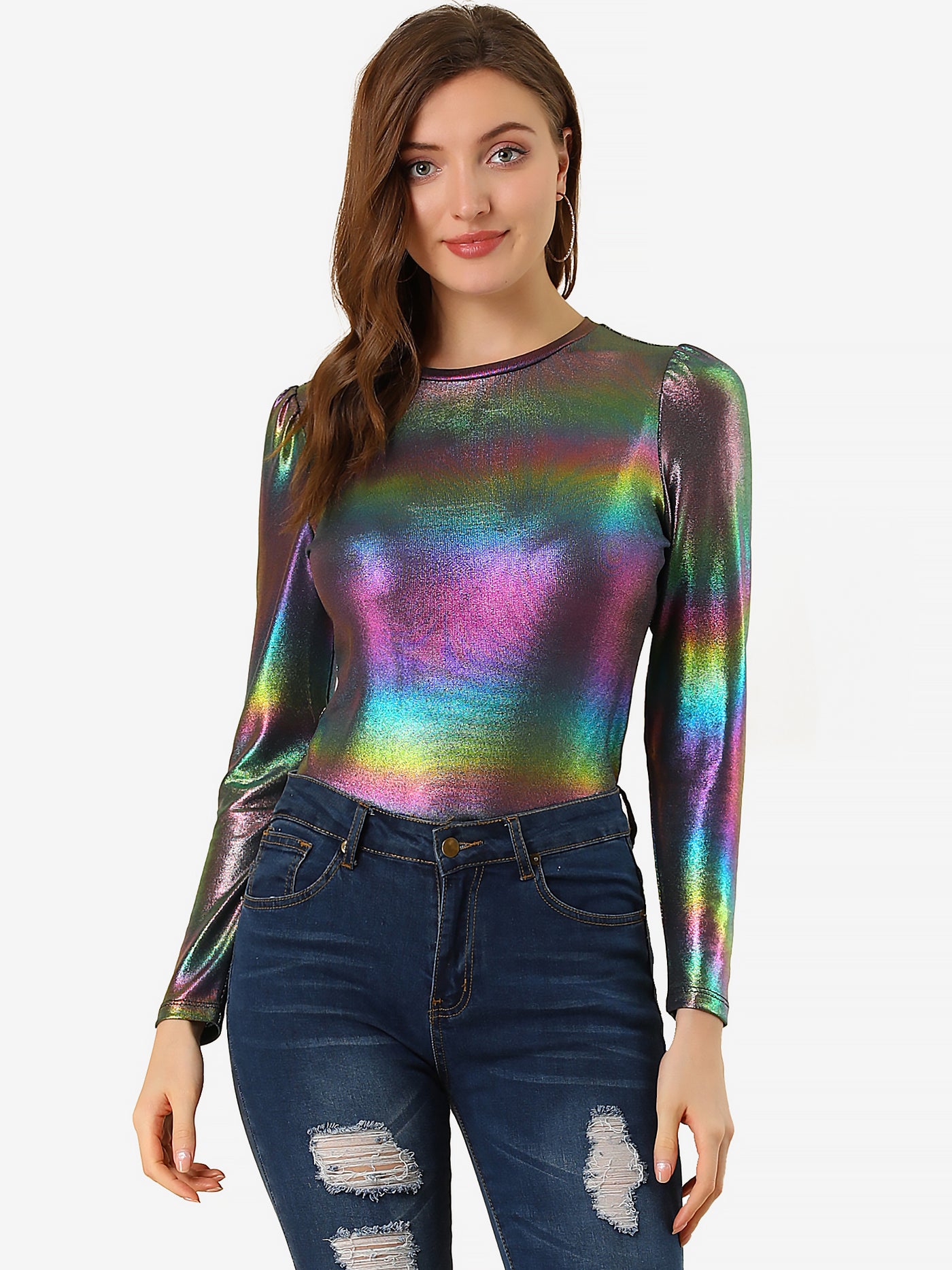 Allegra K Metallic Glitter Shiny Long Sleeve Sparkly Party Blouse