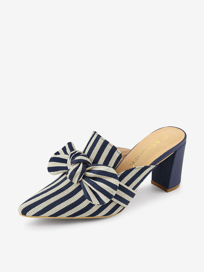 Stripe Bow Pointed Toe Block Heel Slides Mules