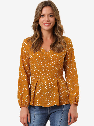 Dots Retro V Neck Long Sleeve Work Peplum Blouse Top