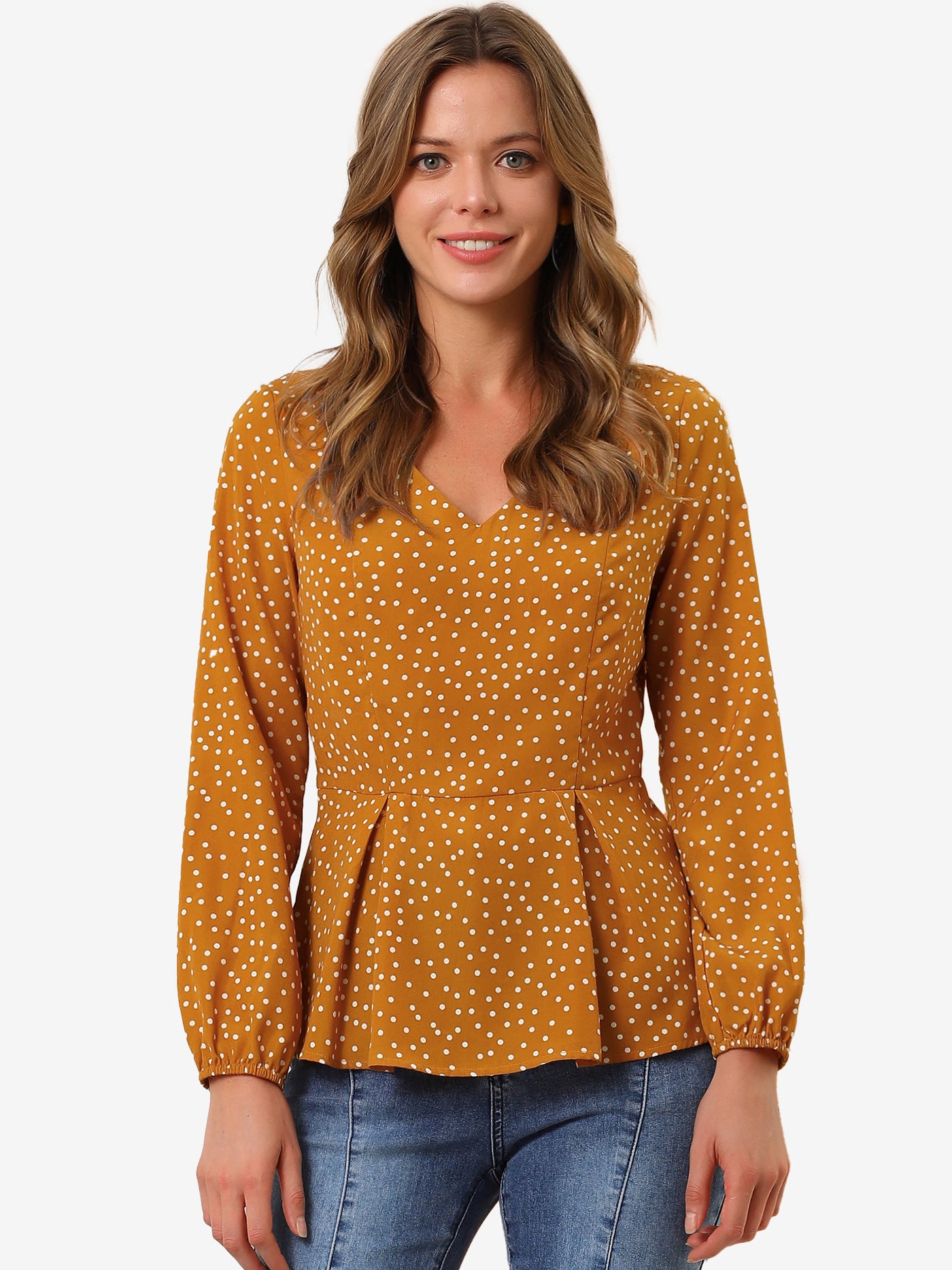 Allegra K Dots Retro V Neck Long Sleeve Work Peplum Blouse Top