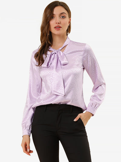 Bow Tie Neck Long Sleeve Printed Pussy Satin Blouse Tops