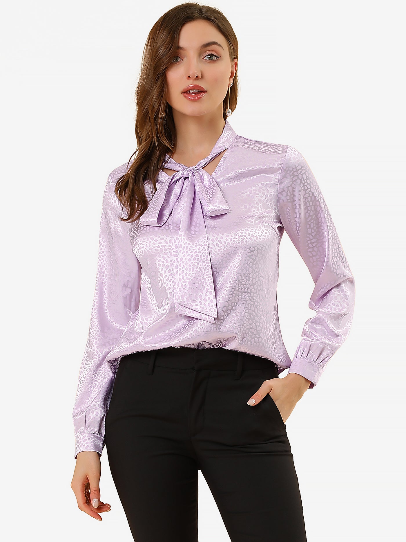 Allegra K Bow Tie Neck Long Sleeve Printed Pussy Satin Blouse Tops