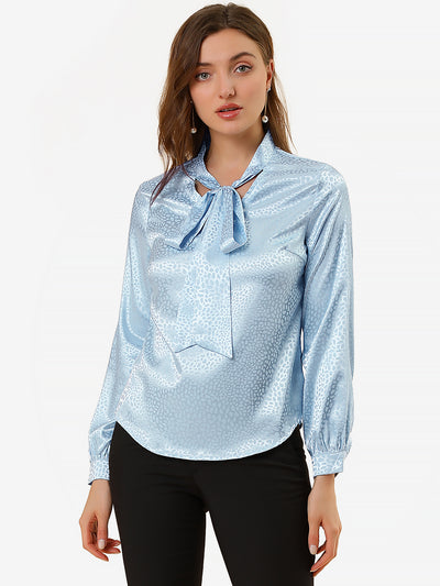 Bow Tie Neck Long Sleeve Printed Pussy Satin Blouse Tops