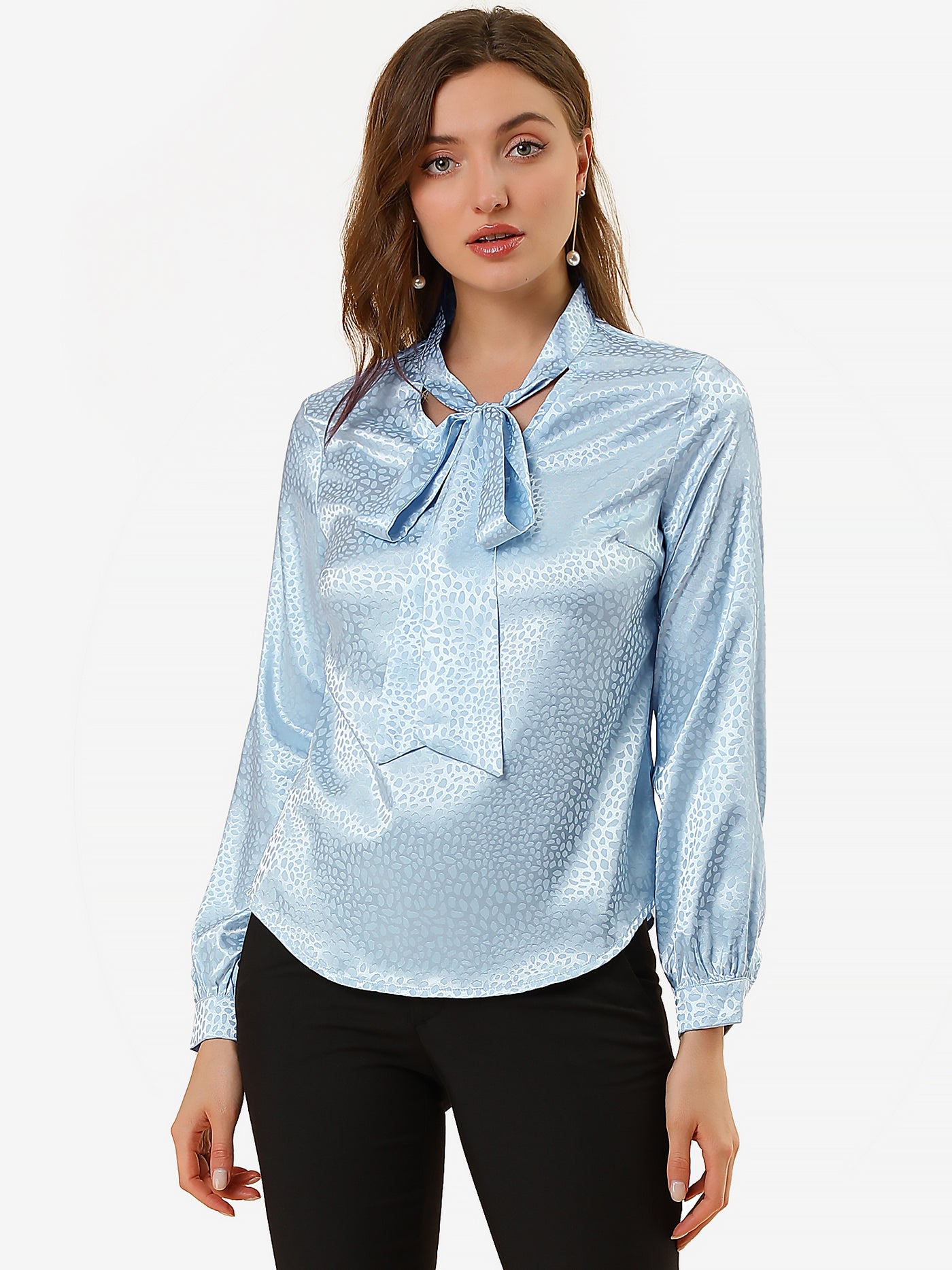 Allegra K Bow Tie Neck Long Sleeve Printed Pussy Satin Blouse Tops