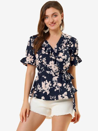 Wrap Peplum Tie Waist Short Sleeve Ruffle Floral V Neck Blouse