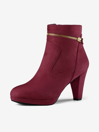 Faux Suede Round Toe Ankle Mid Block Heel Boots