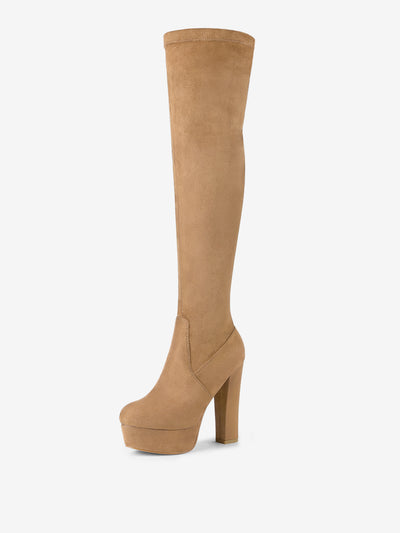 Faux Suede Platform Block Heel Over Knee High Boots