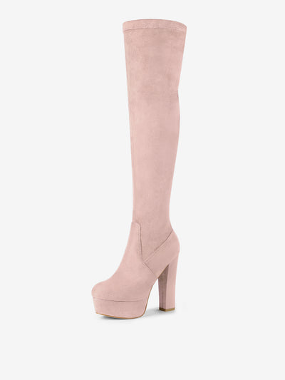 Faux Suede Platform Block Heel Over Knee High Boots