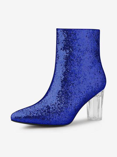 Pointed Toe Clear Block Heel Glitter Ankle Boots