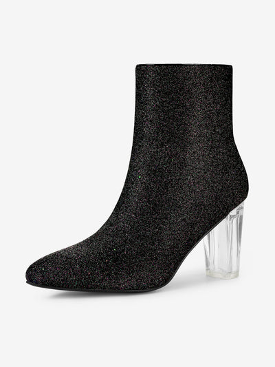 Pointed Toe Clear Block Heel Glitter Ankle Boots