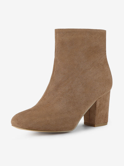 Faux Suede Round Toe Block Heel Zipper Ankle Boots