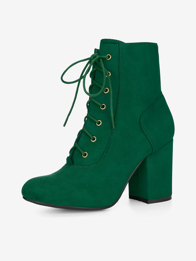 Faux Suede Round Toe Lace Up Chunky Heel Ankle Booties