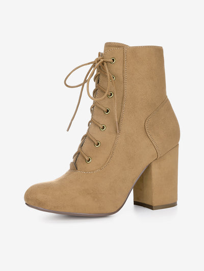 Faux Suede Round Toe Lace Up Chunky Heel Ankle Booties