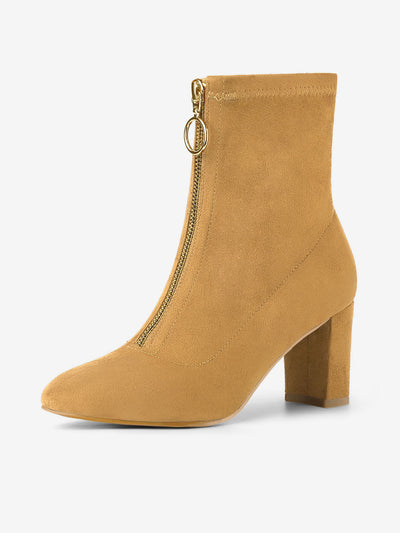 Front Zipper Chunky High Heel Ankle Boots