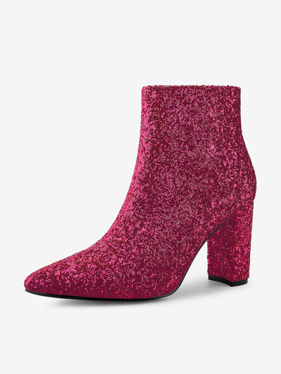 Glitter Pointed Toe Chunky Heel Zipper Ankle Boots