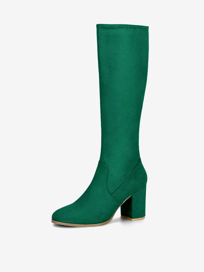 Faux Suede Side Zipper Chunky Heel Knee High Boots