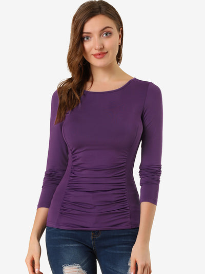 Round Neck Long Sleeve Solid Fitted Ruched Top