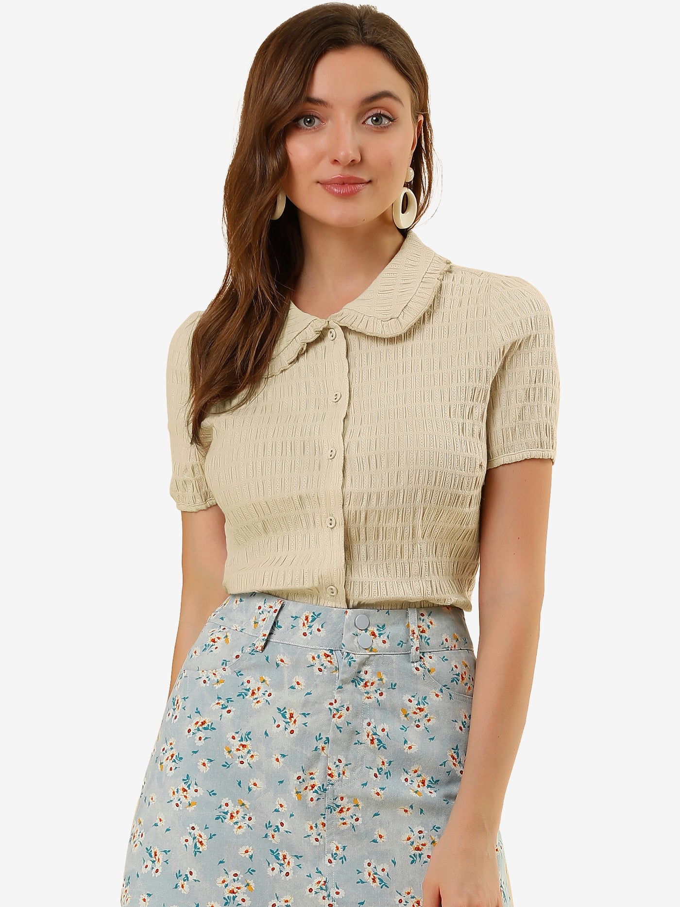 Allegra K Peter Pan Collar Short Sleeves Textured Button Down Blouse