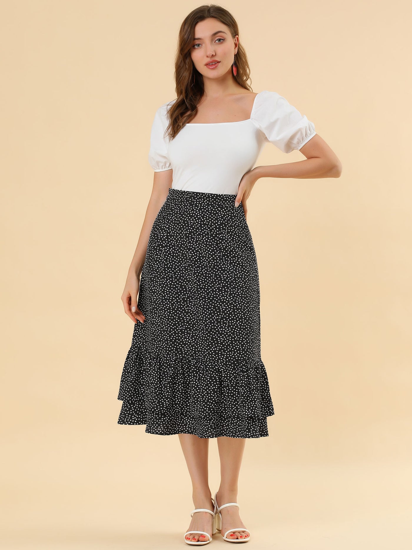 Allegra K Chiffon Printed Elastic Waist Ruffle Tiered Flowy Midi Skirt