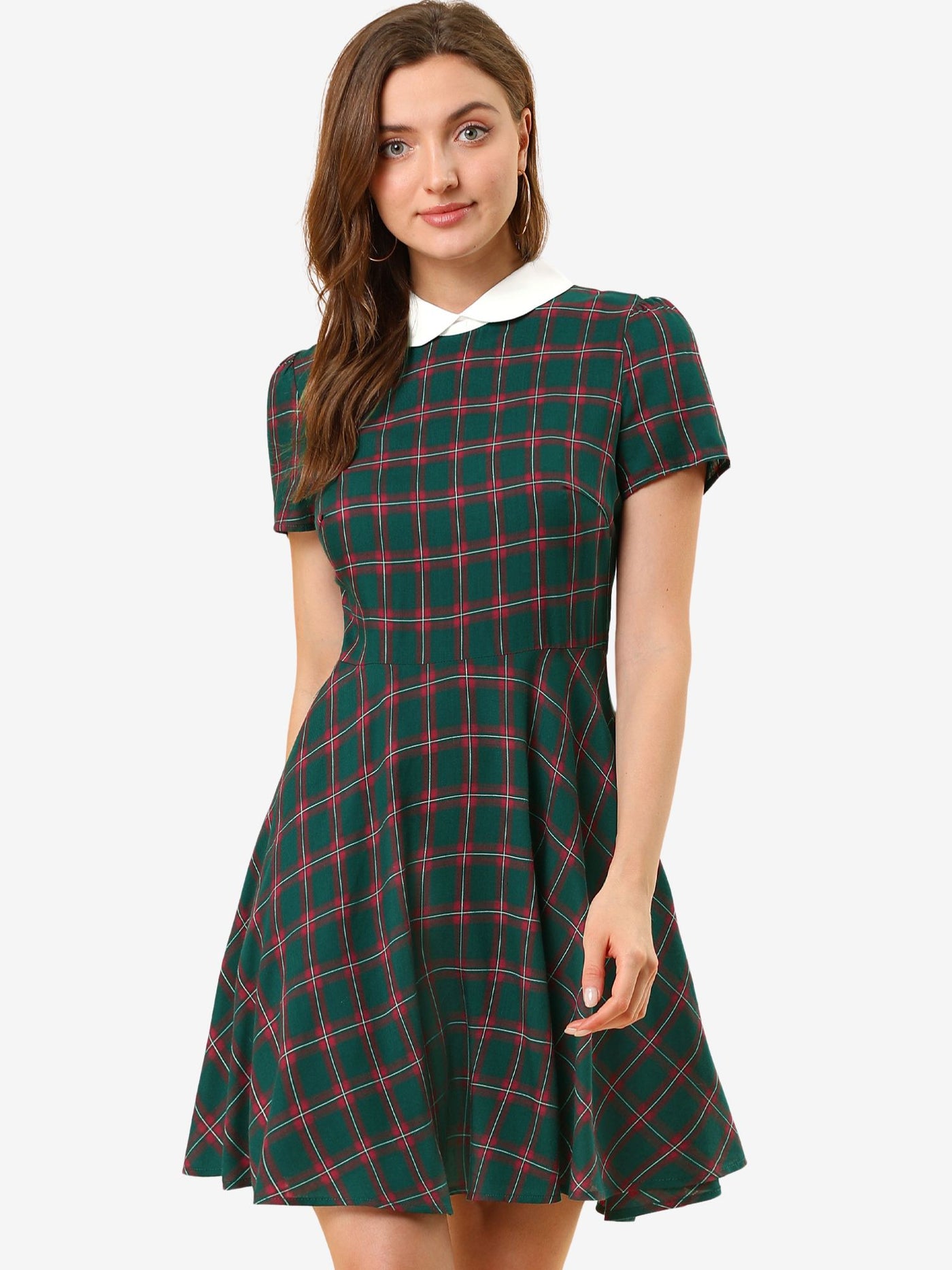 Allegra K Plaid Grid Peter Pan Collar Contrast Short Sleeve A-line Dress