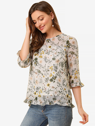 Casual Ruffle 3/4 Sleeve Floral Print Chiffon Blouse