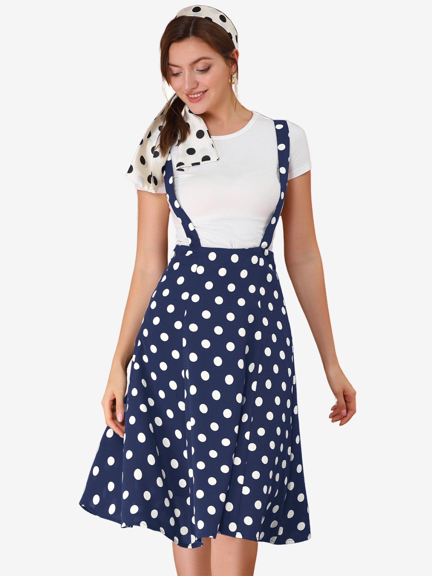 Allegra K Vintage Suspender 1950s Polka Dots Flowy Midi Skirt