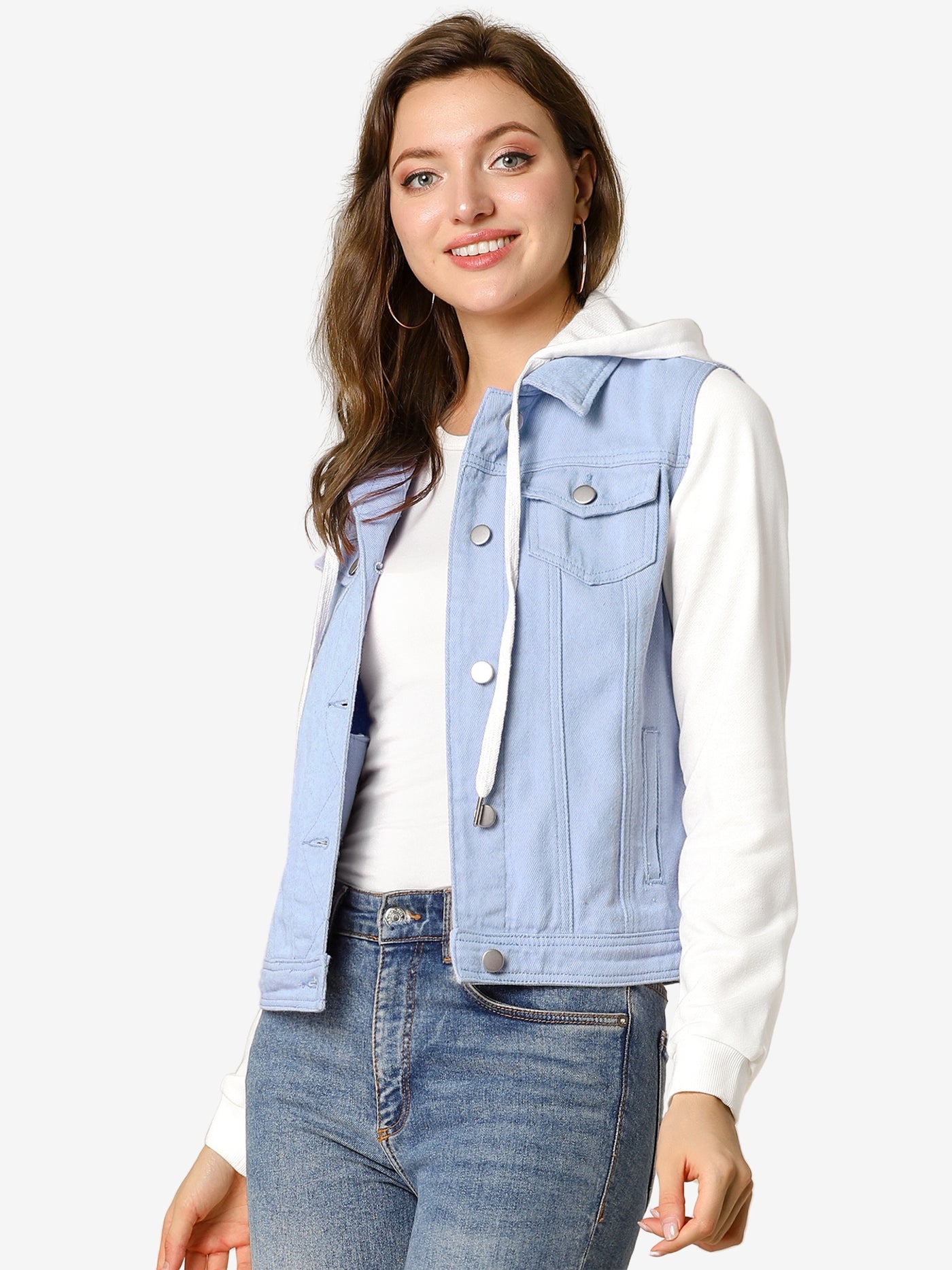 Allegra K Casual Layered Drawstring Pockets Hood Denim Jacket