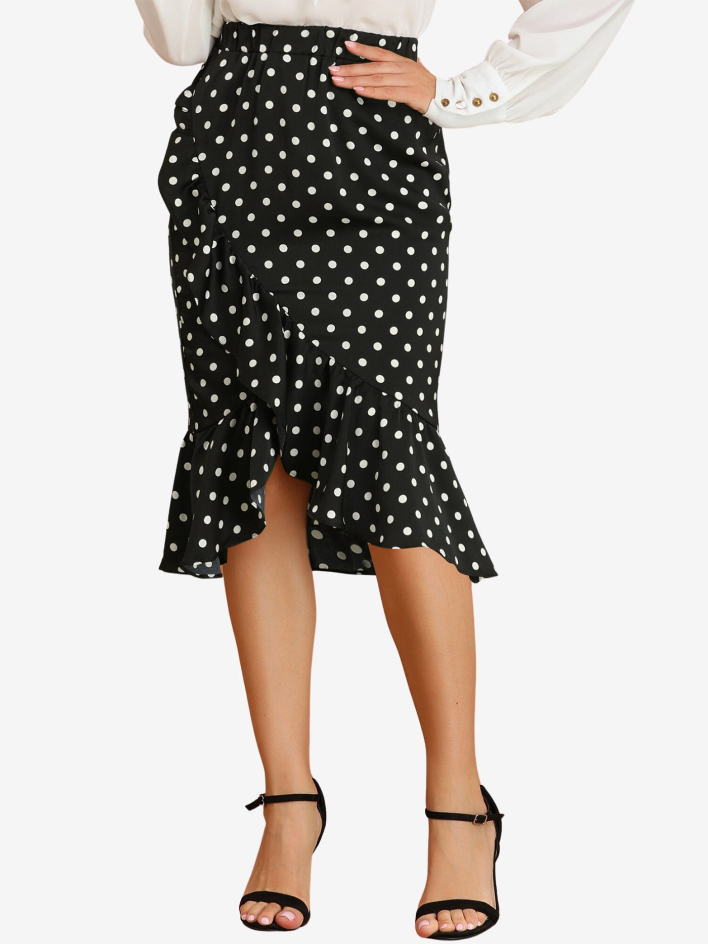 Allegra K Midi High Waist Polka Dots Ruffle Asymmetrical Skirt