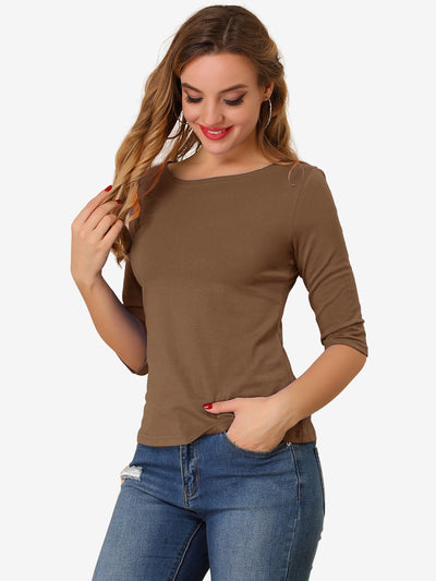 Casual Boat Neck Elbow Sleeve Solid Basic T-shirt