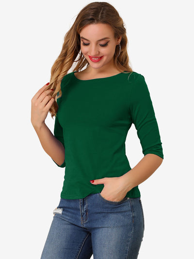 Casual Boat Neck Elbow Sleeve Solid Basic T-shirt