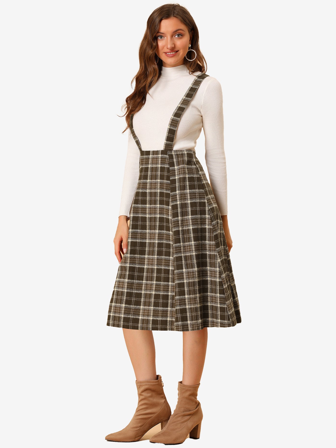 Allegra K Plaid Overall Dress High Waist A-Line Tartan Suspender Midi Skirt