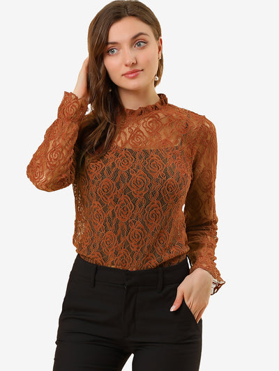 See Through Ruffle Frill Neck Long Sleeve Floral Lace Blouse