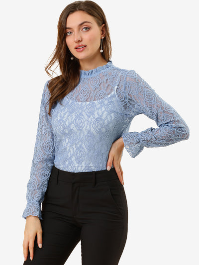 See Through Ruffle Frill Neck Long Sleeve Floral Lace Blouse