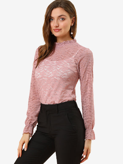 See Through Ruffle Frill Neck Long Sleeve Floral Lace Blouse