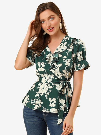 Wrap Peplum Tie Waist Short Sleeve Ruffle Floral V Neck Blouse