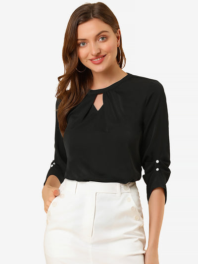 Office Keyhole Pleated Front Ruched 3/4 Sleeve Chiffon Blouse