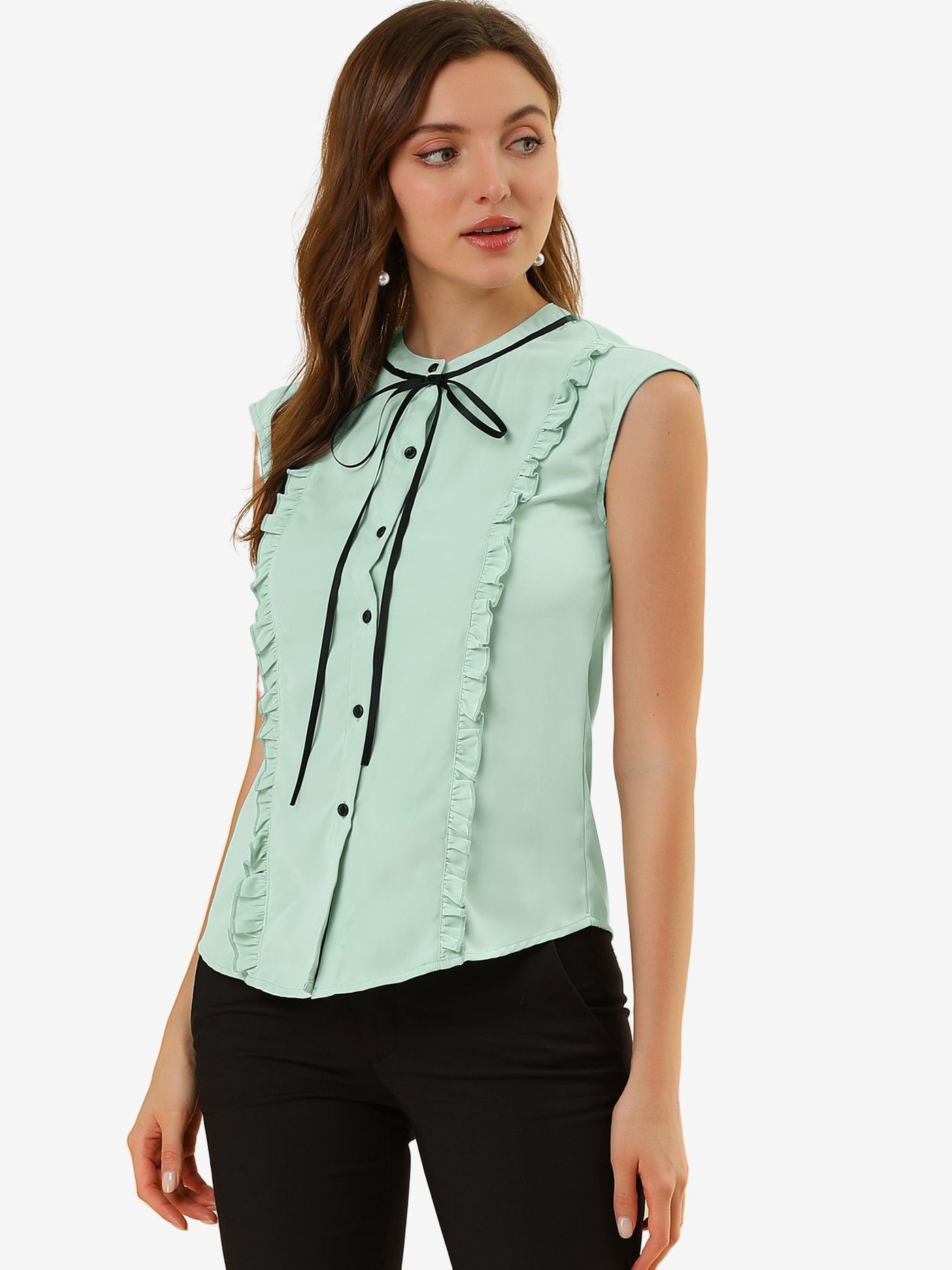 Allegra K Cute Tie Neck Summer Ruffle Solid Color Sleeveless Button Down Shirt